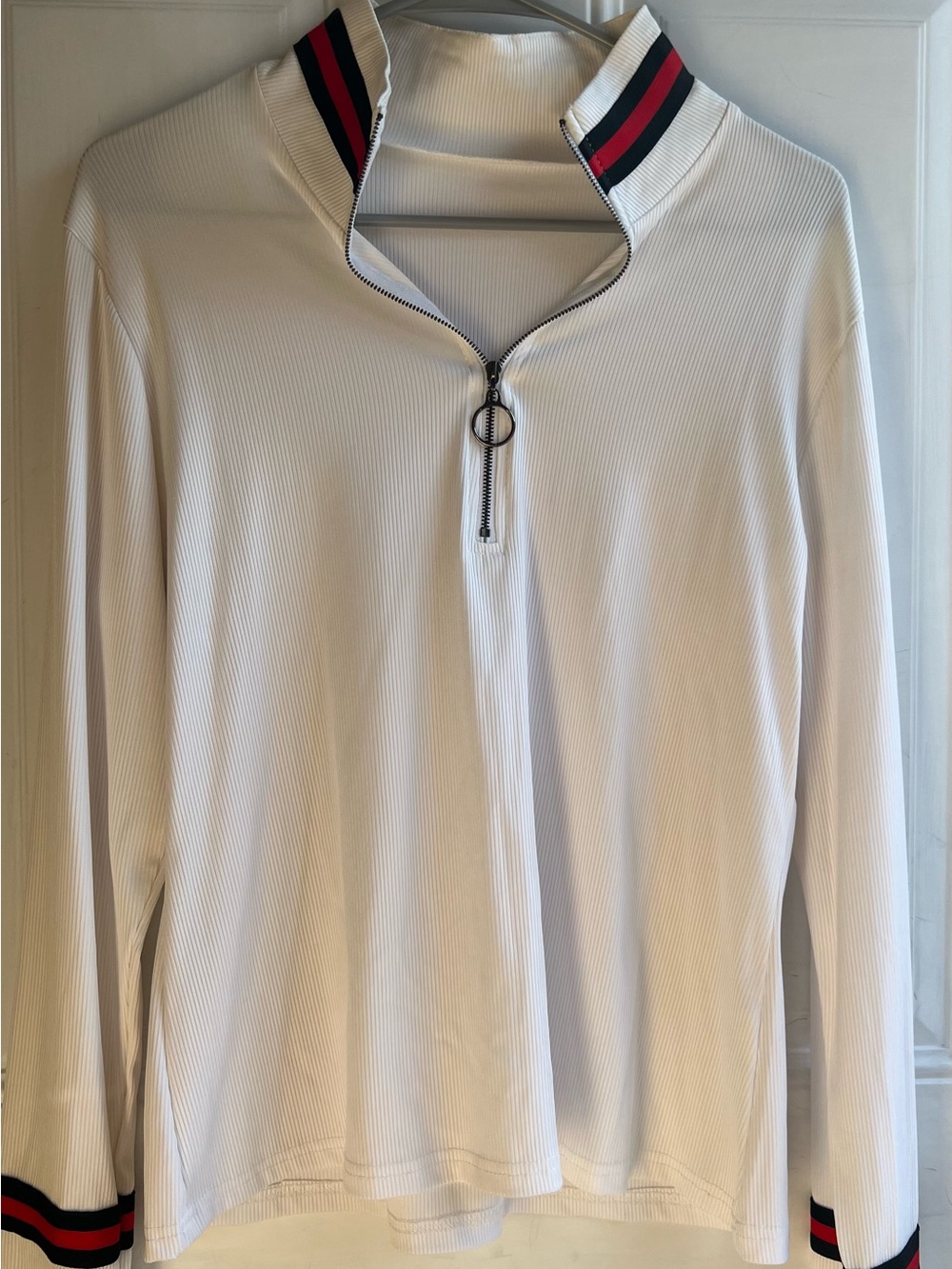 Women’s White Zip-Up Long Sleeve Top with Contrast Trim